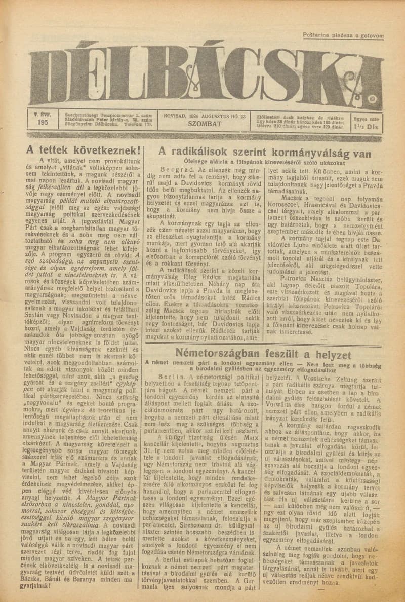 Délbácska, 5. évf. 1924. augusztus 23. 195. sz.