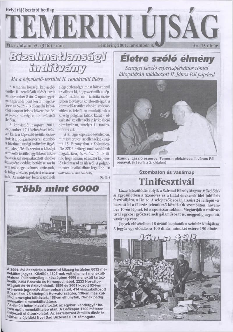 Temerini Újság, 7. évf. 2001. november 8. 45. sz.