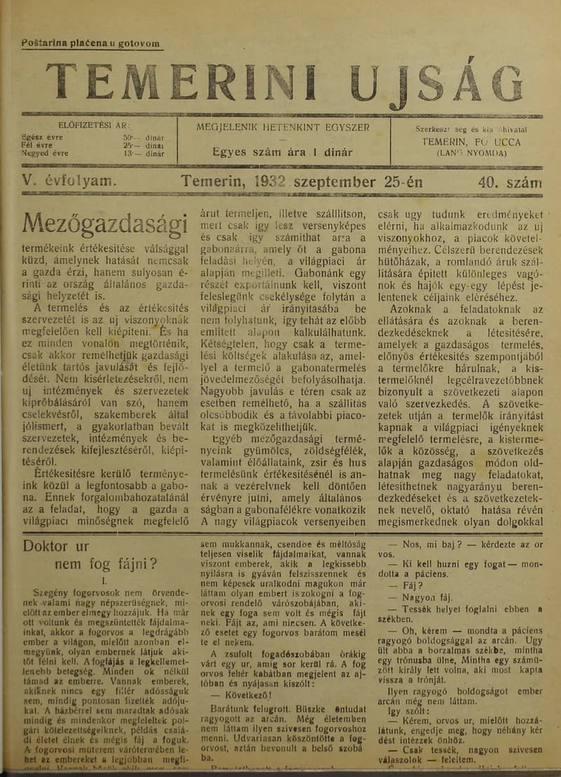 Temerini Újság 1928-1944, 5. évf. 1932. szeptember 25. 40. sz.