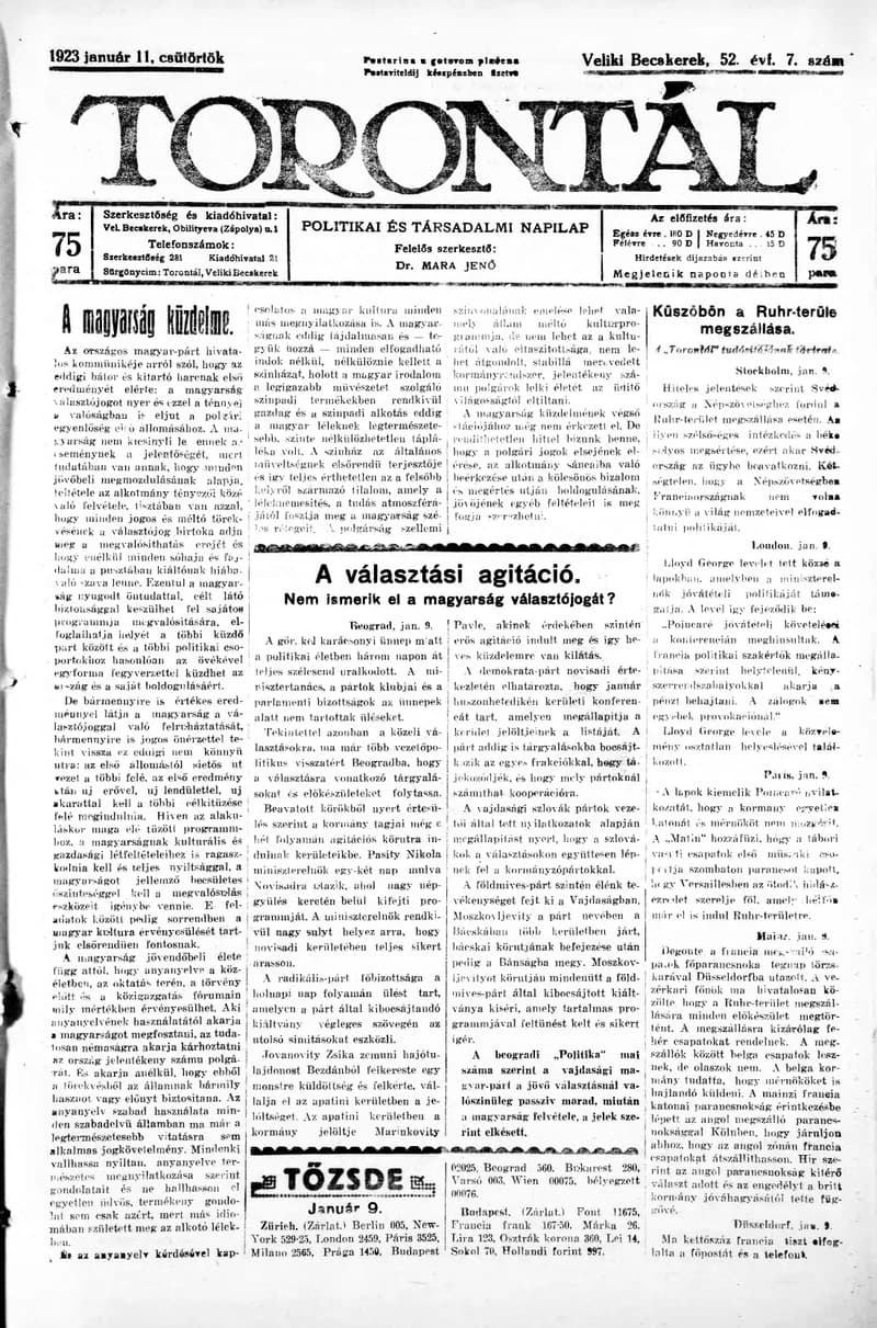 Torontál, 52. évf. 1923. január 11. 7. sz.
