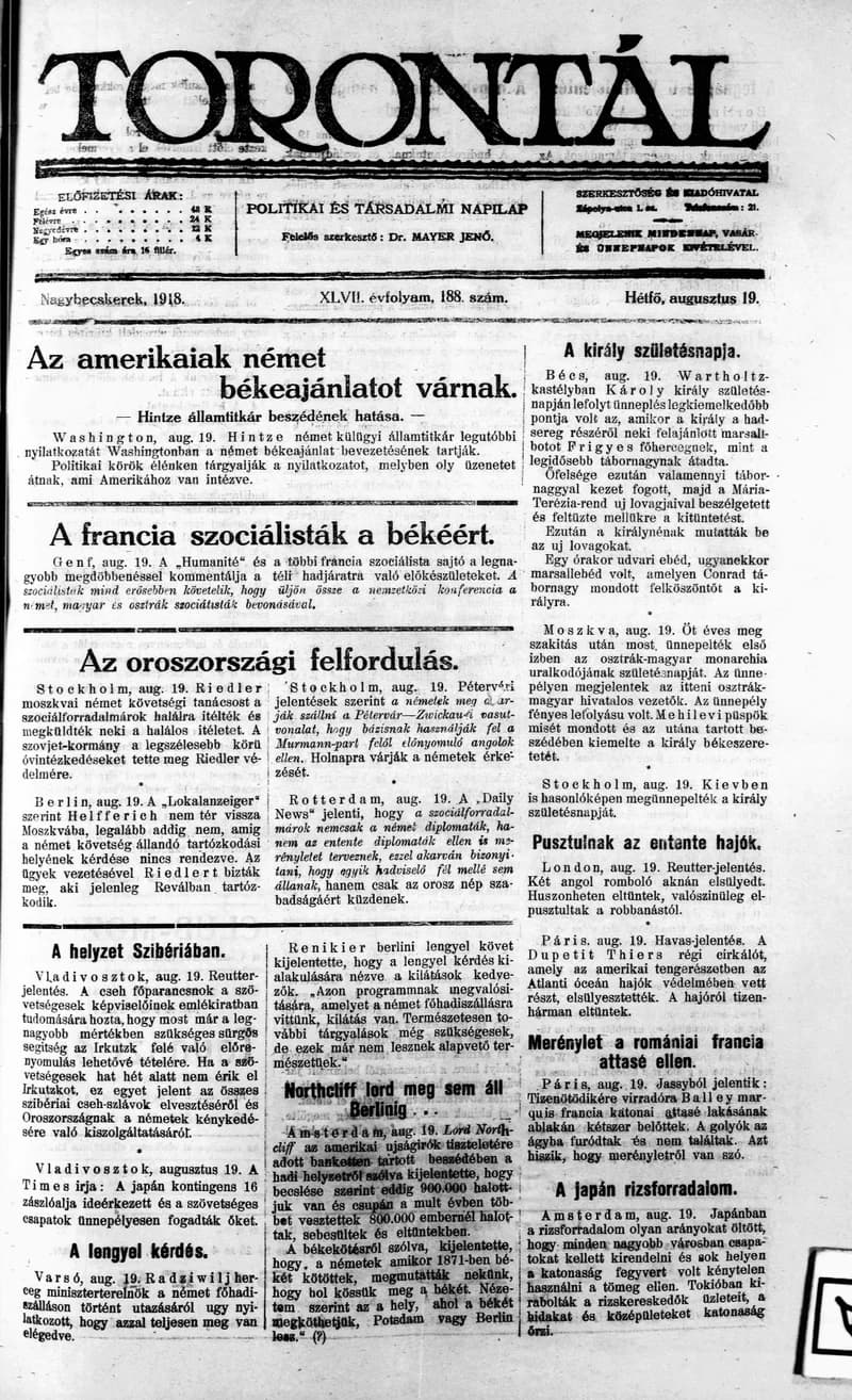 Torontál, 47. évf. 1918. augusztus 19. 188. sz.