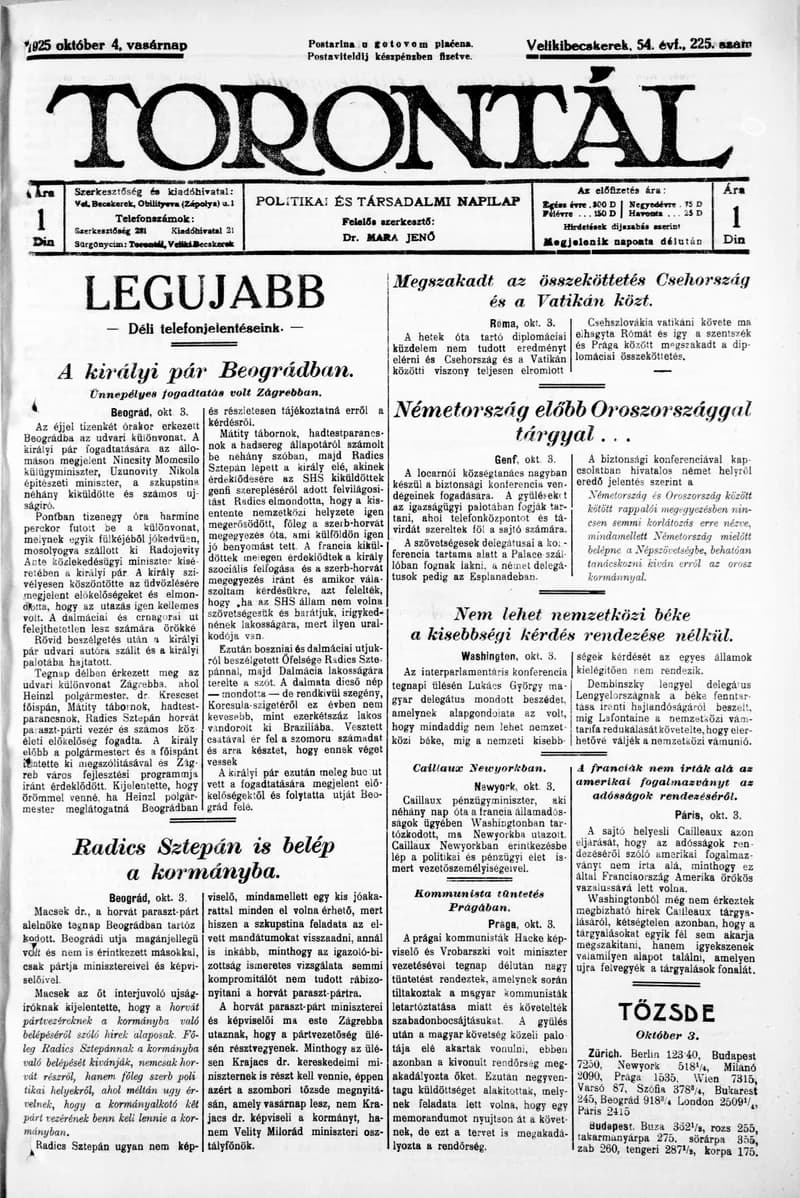 Torontál, 54. évf. 1925. október 4. 225. sz.