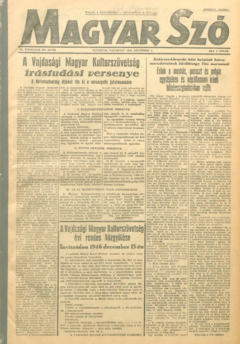 Magyar Szó, 3. évf. 1946. december 1. 286. sz. 1–8. oldal