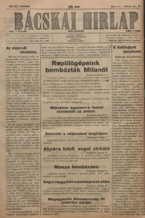 Bácskai Hirlap, 20. évf. 1916. február 15. 71. sz.