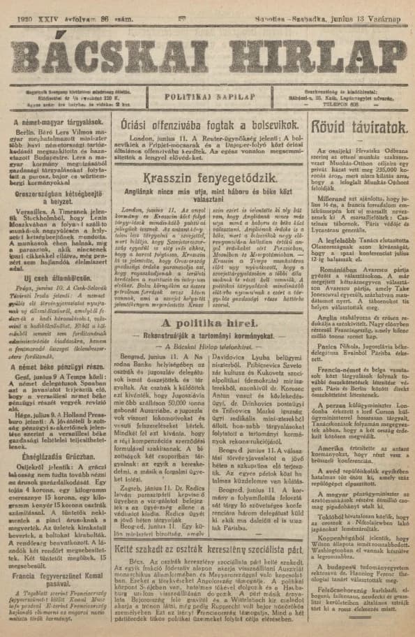 Bácskai Hirlap, 24. évf. 1920. június 13. 86. sz.
