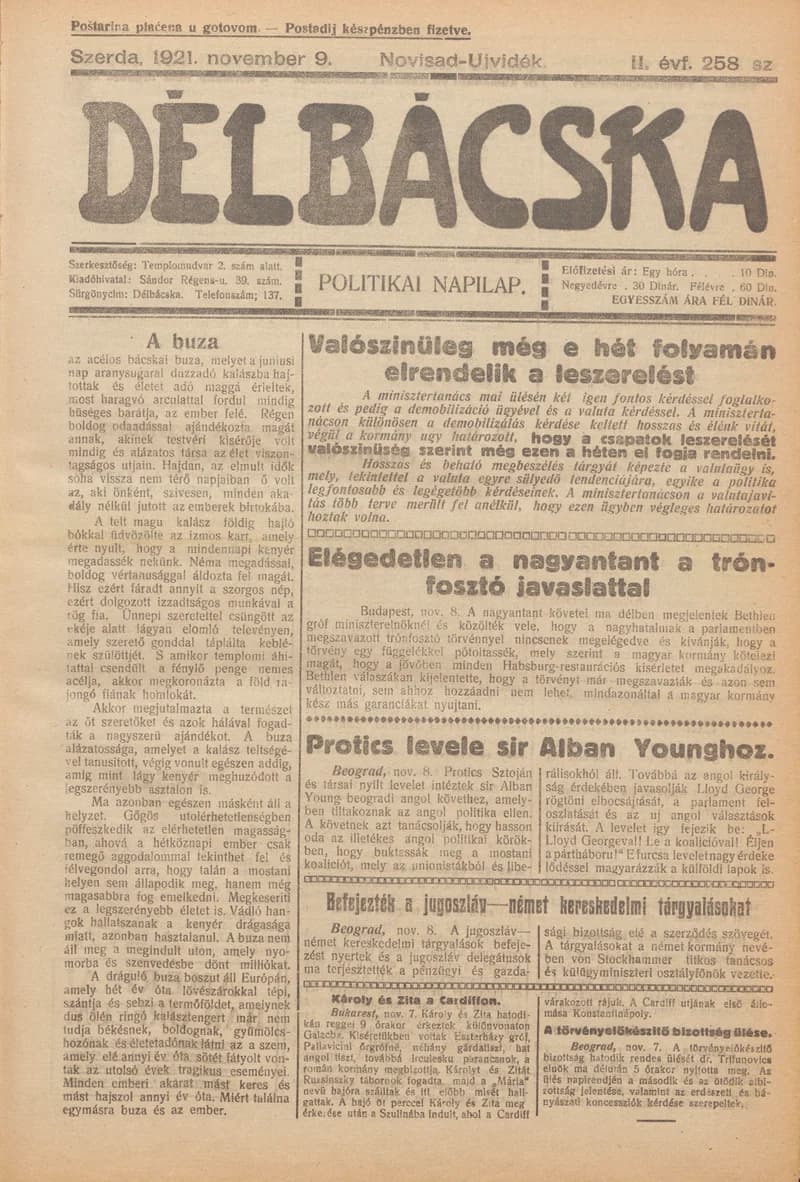 Délbácska, 2. évf. 1921. november 9. 258. sz.