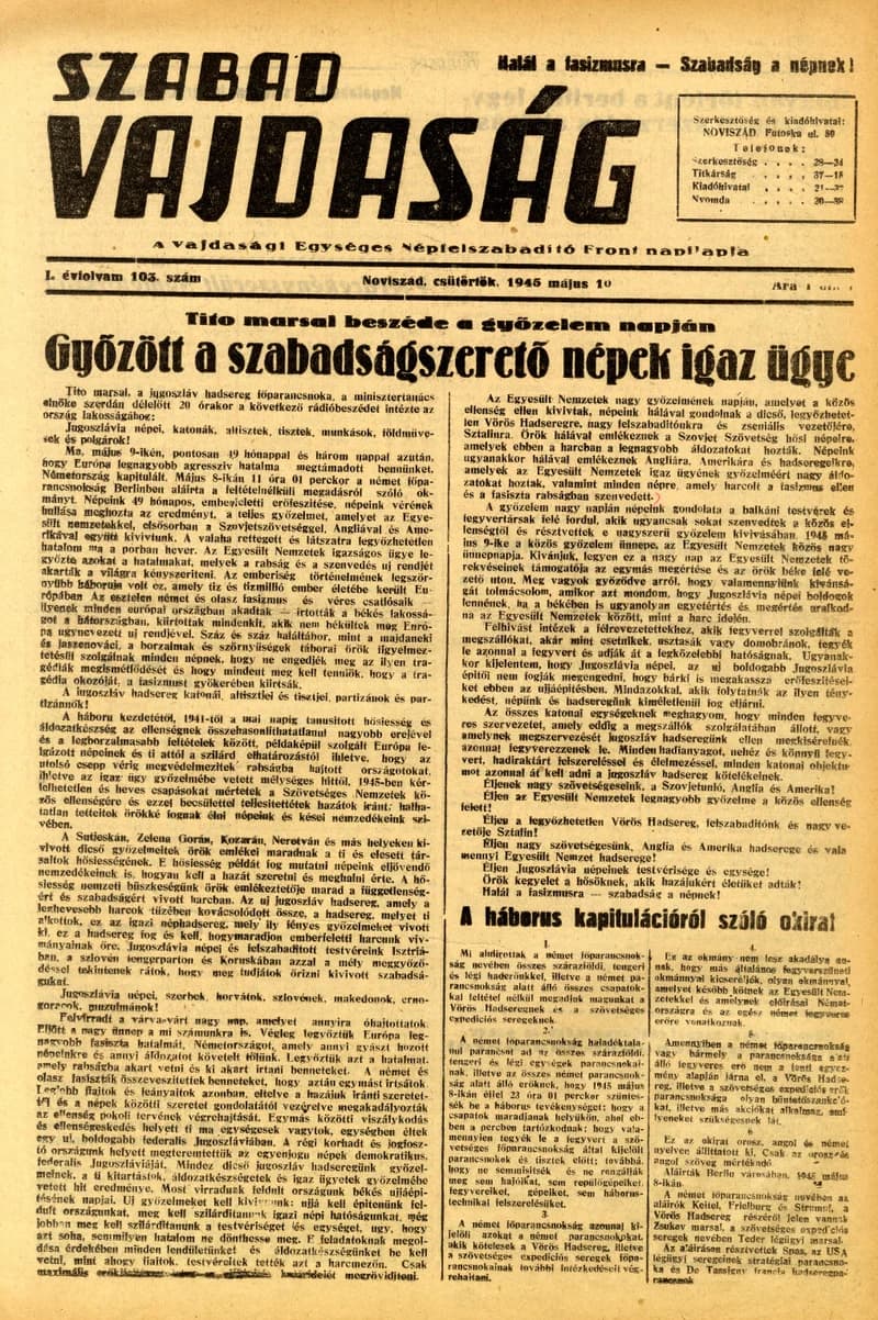 Szabad Vajdaság, 2. évf. 1945. május 10. 103. sz.