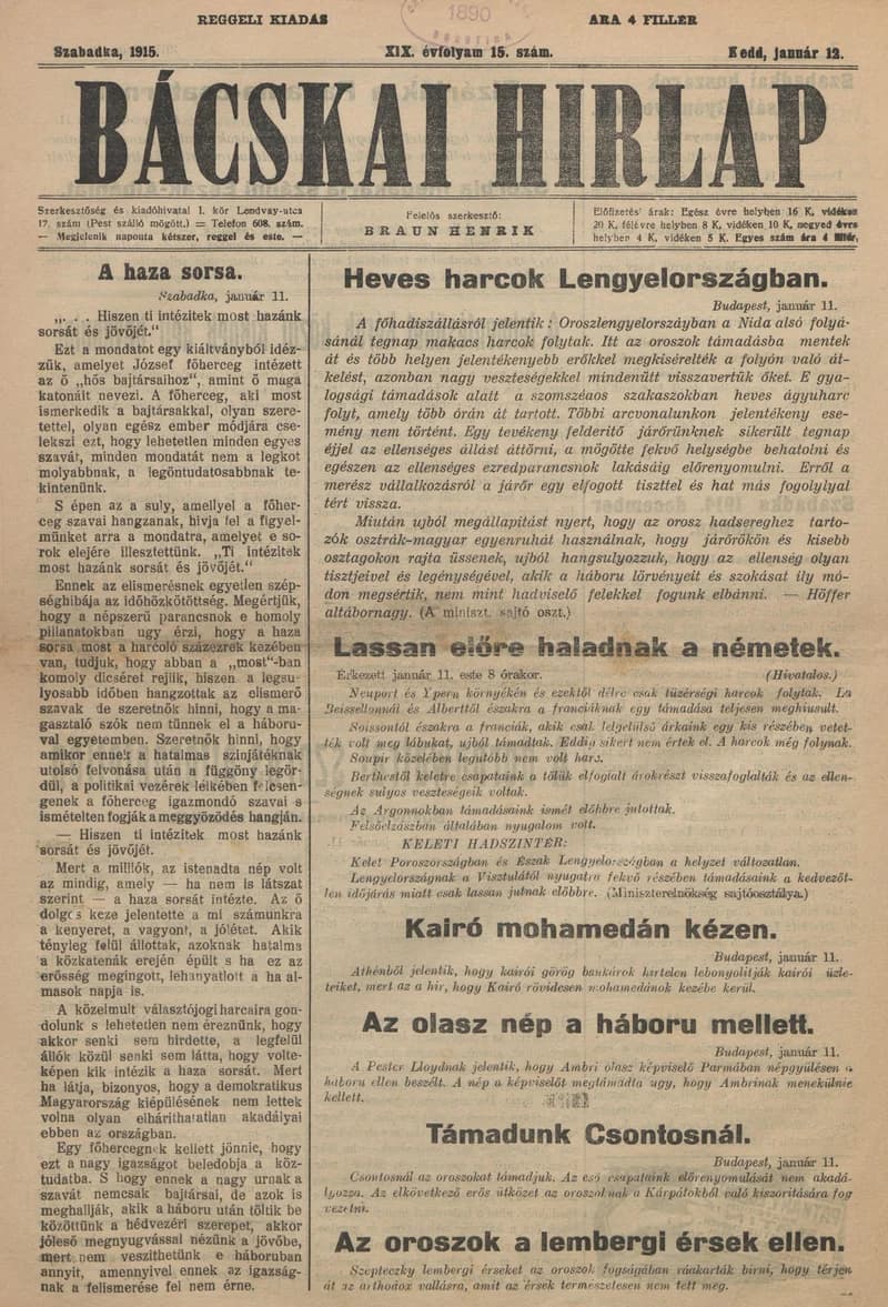 Bácskai Hirlap, 19. évf. 1915. január 12. 15. sz.