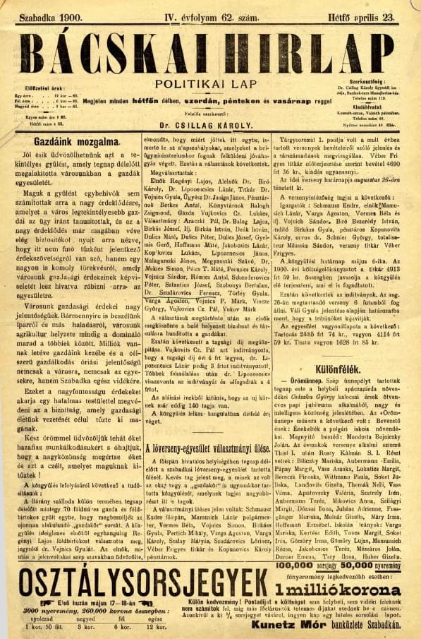 Bácskai Hirlap, 4. évf. 1900. április 23. 62. sz.