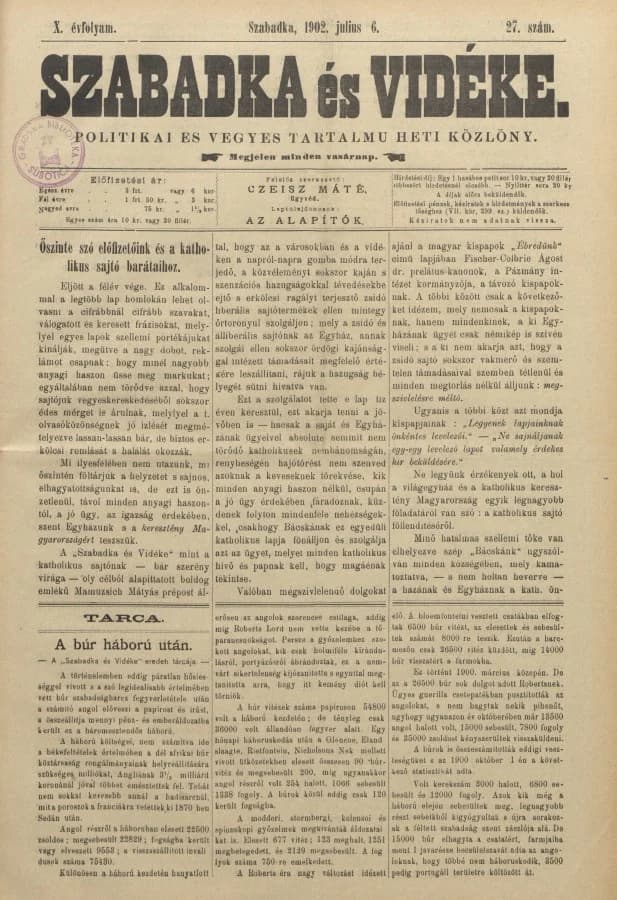 Szabadka és vidéke II, 10. évf. 1902. július 6. 27. sz.