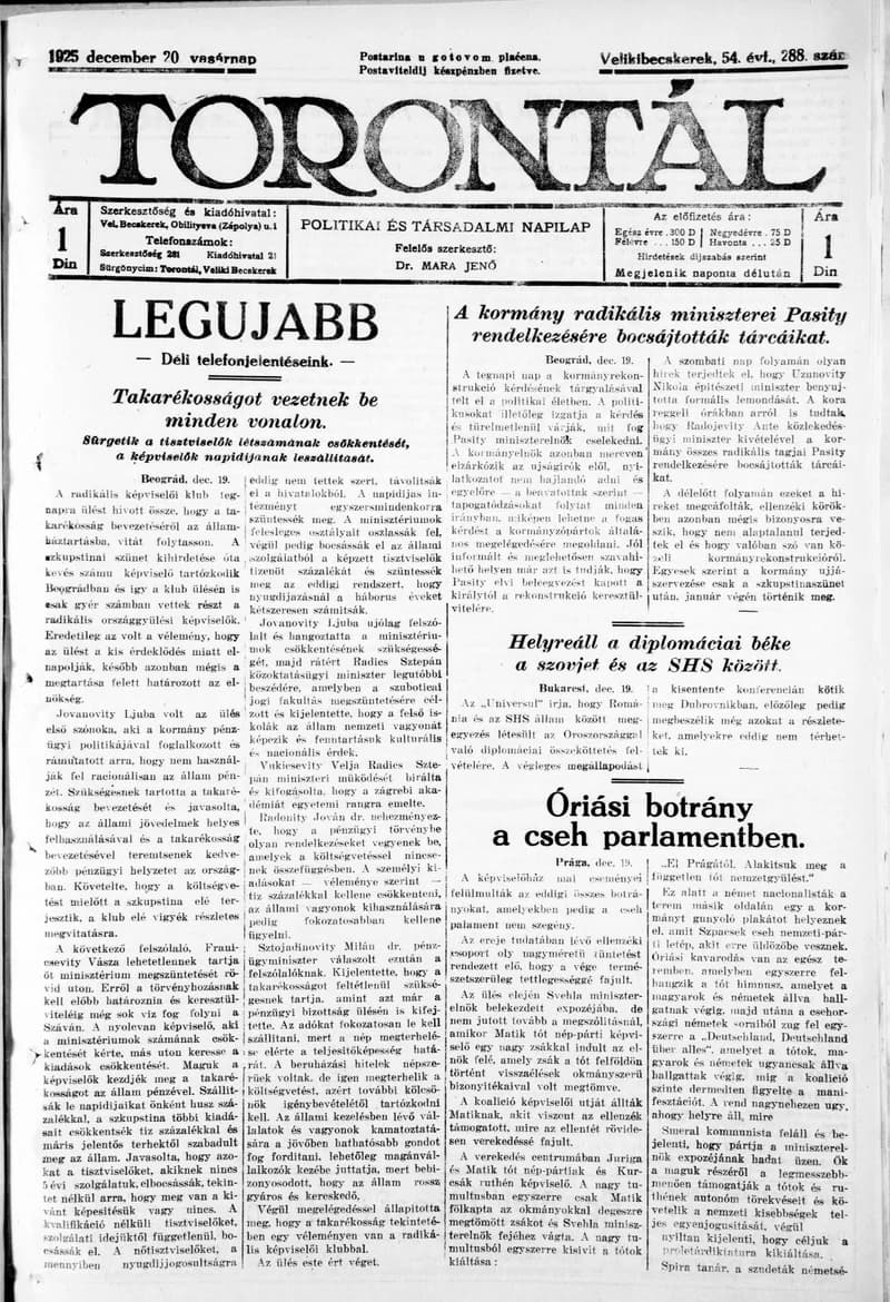 Torontál, 54. évf. 1925. december 20. 288. sz.