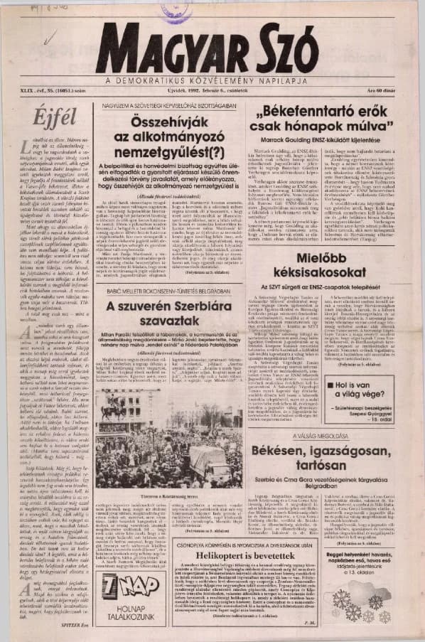 Magyar Szó, 49. évf. 1992. február 6. 35. sz. 1–16. oldal