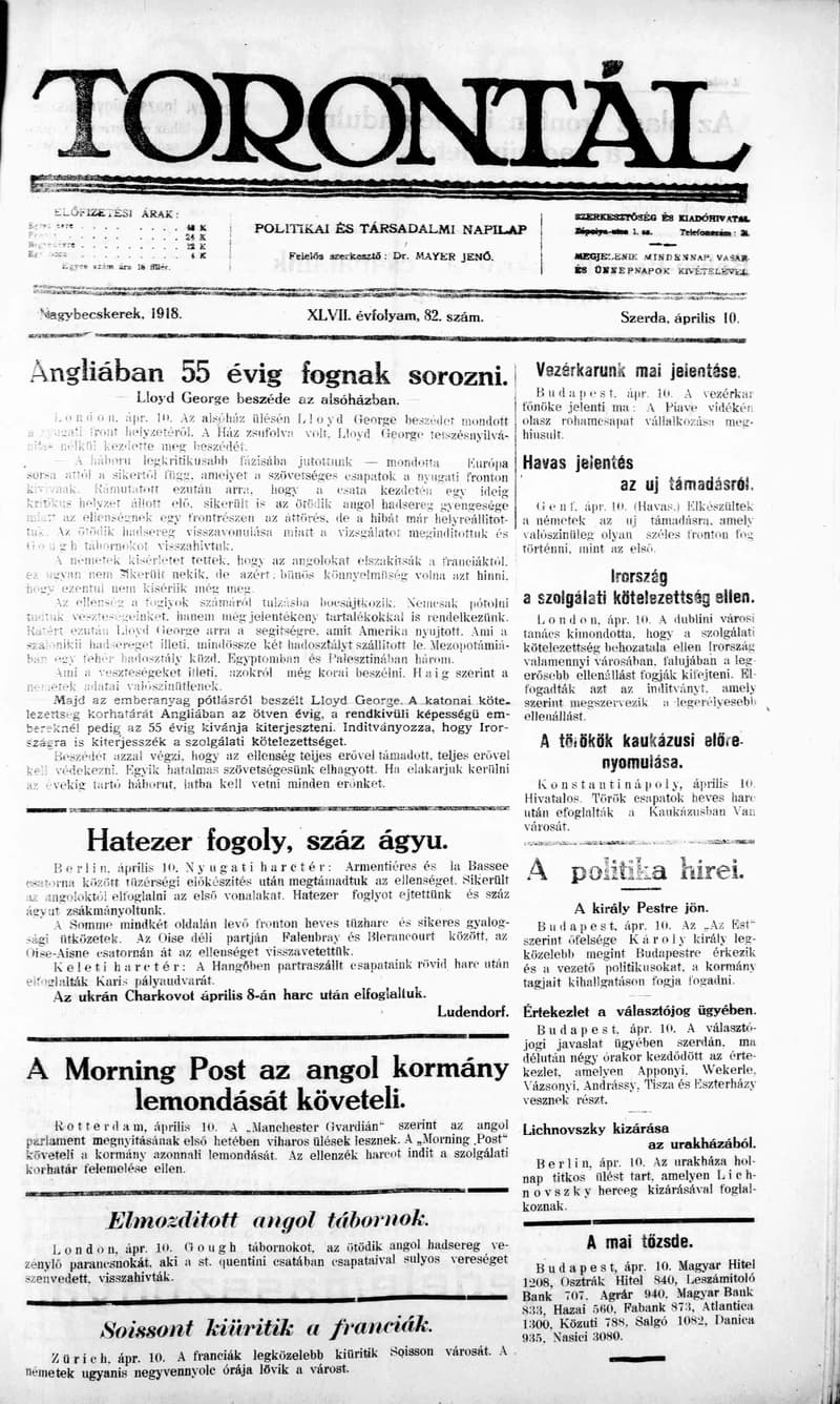 Torontál, 47. évf. 1918. április 10. 82. sz.