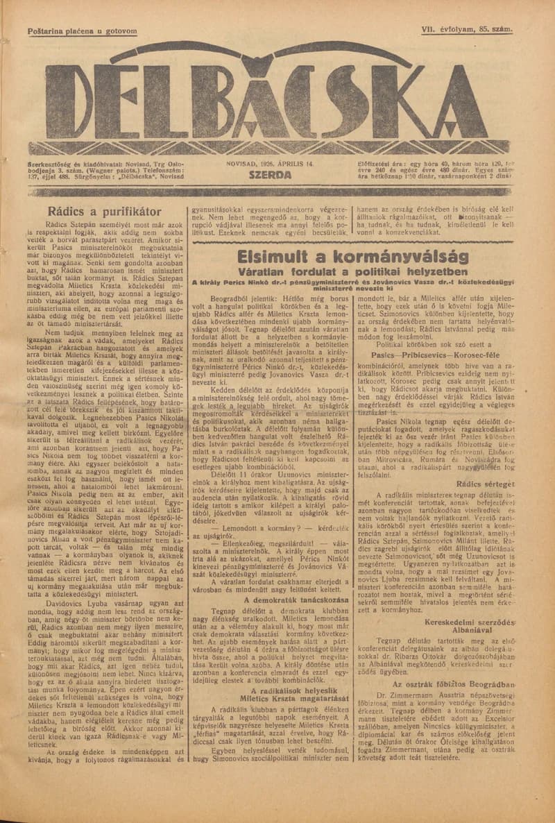Délbácska, 7. évf. 1926. április 14. 85. sz.