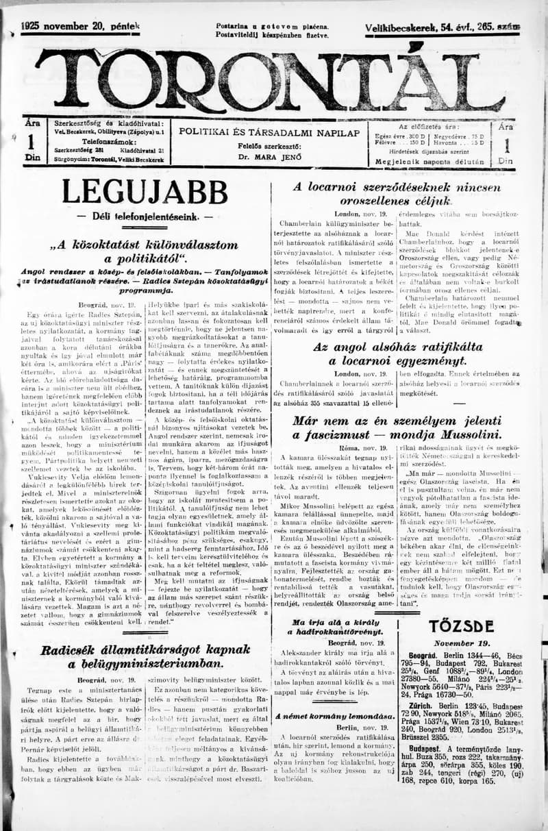 Torontál, 54. évf. 1925. november 20. 265. sz.