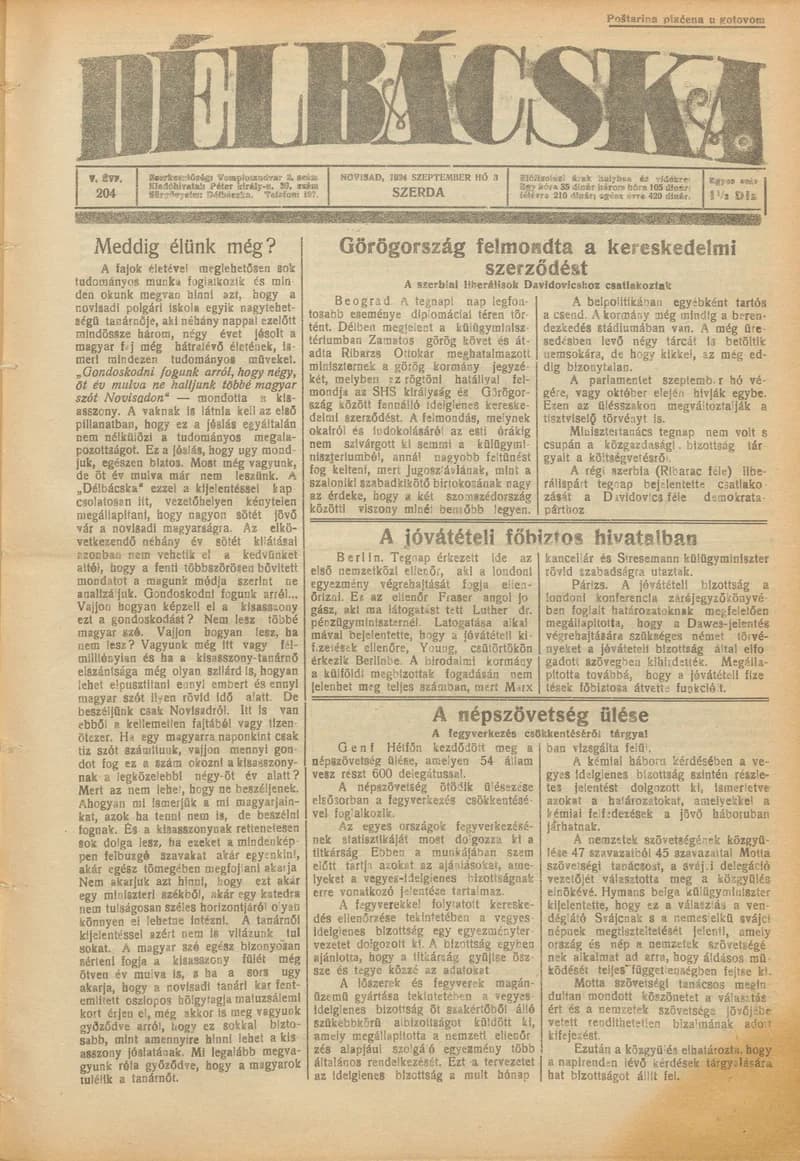 Délbácska, 5. évf. 1924. szeptember 3. 204. sz.