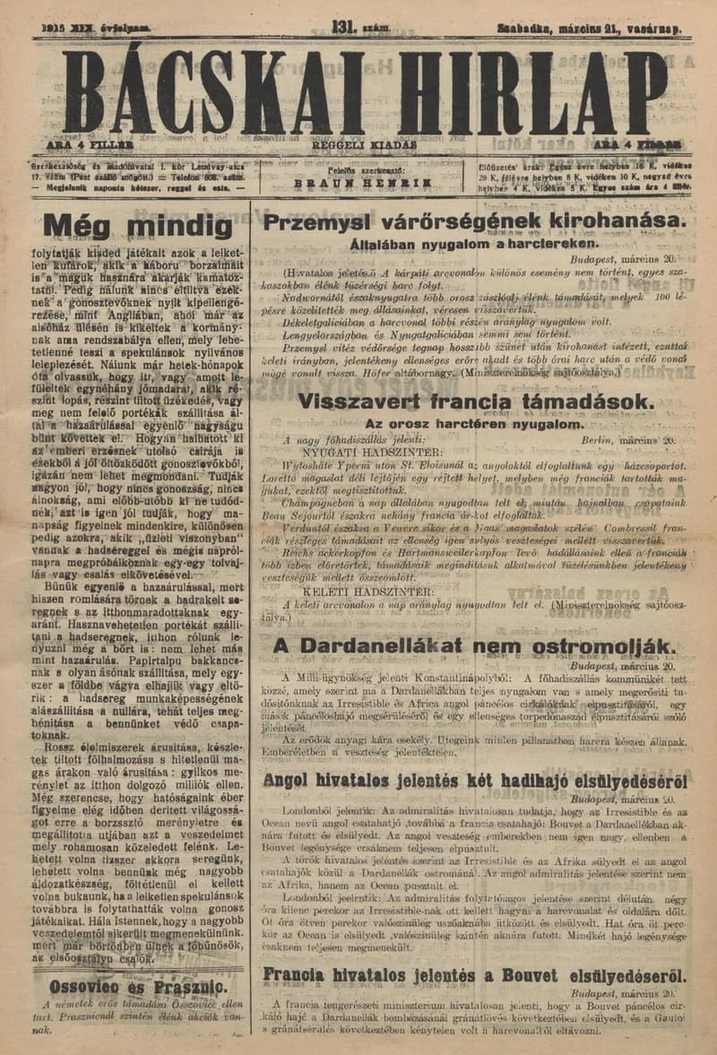 Bácskai Hirlap, 19. évf. 1915. március 21. 131. sz.