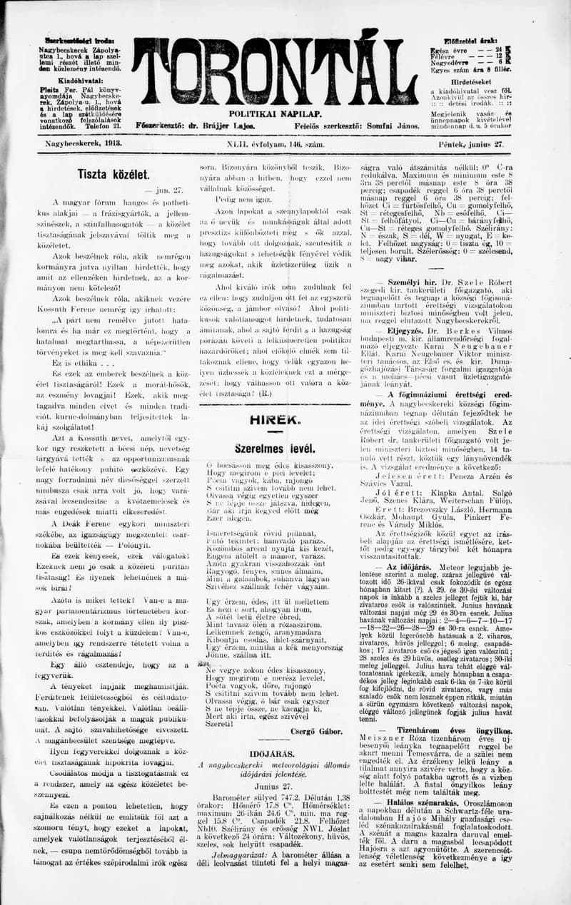 Torontál, 42. évf. 1913. június 27. 146. sz.