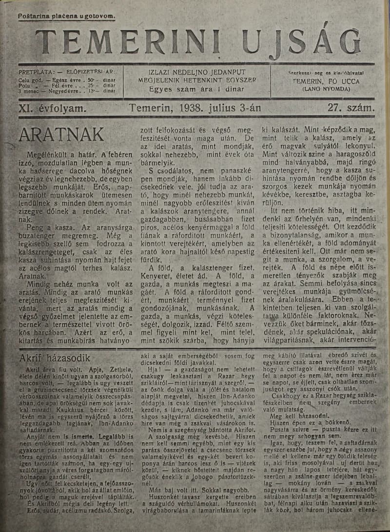 Temerini Újság 1928-1944, 11. évf. 1938. július 3. 27. sz.