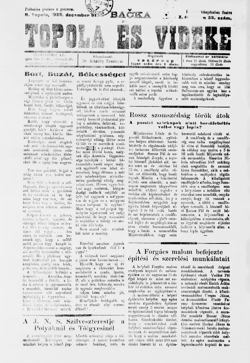 Bačka Topola és Vidéke, 10. évf. 1933. december 31. 53. sz.