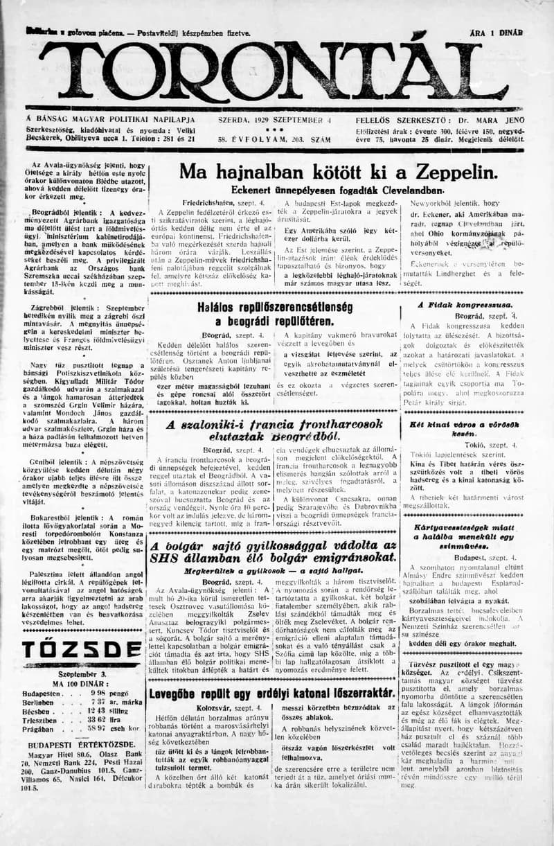 Torontál, 58. évf. 1929. szeptember 4. 203. sz.