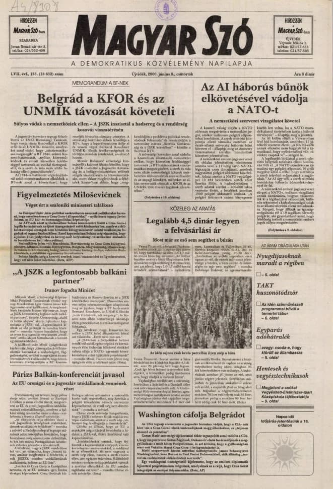 Magyar Szó, 57. évf. 2000. június 8. 133. sz. 1–16. oldal