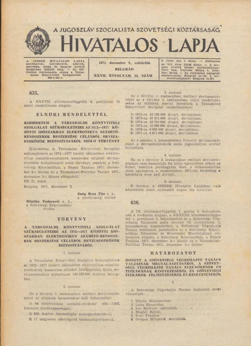 A Jugoszláv Szocialista Szövetségi Köztársaság Hivatalos Lapja, 27. évf. 1971. december 9. 55. sz. 1033–1040. oldal
