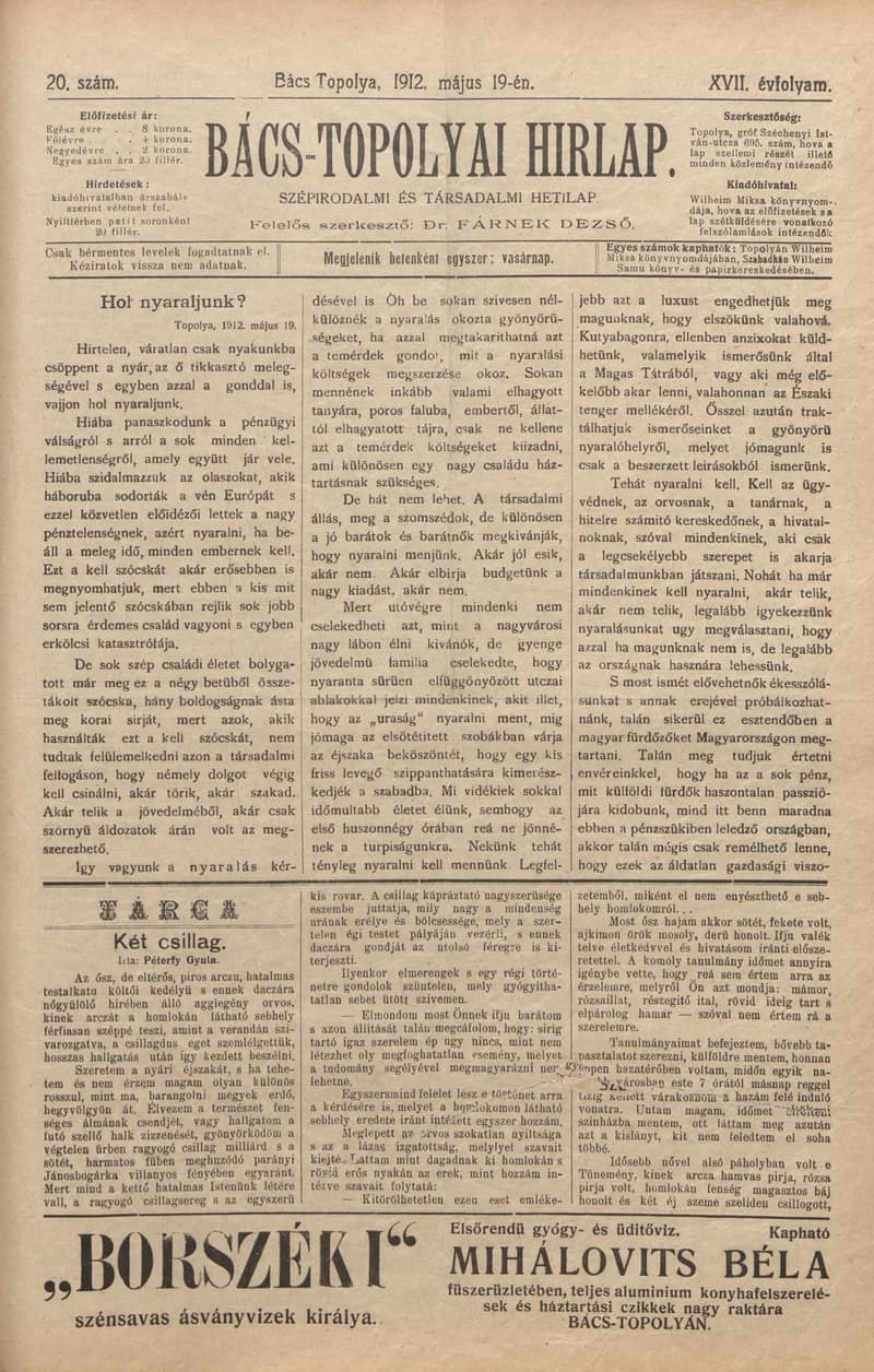 Bács-Topolyai Hirlap, 17. évf. 1912. május 19. 20. sz.
