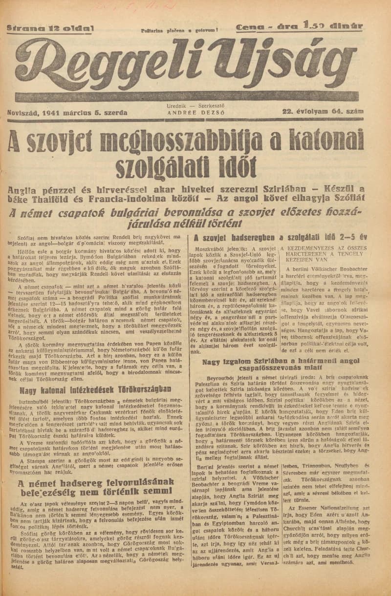 Reggeli Újság, 22. évf. 1941. március 5. 64. sz.