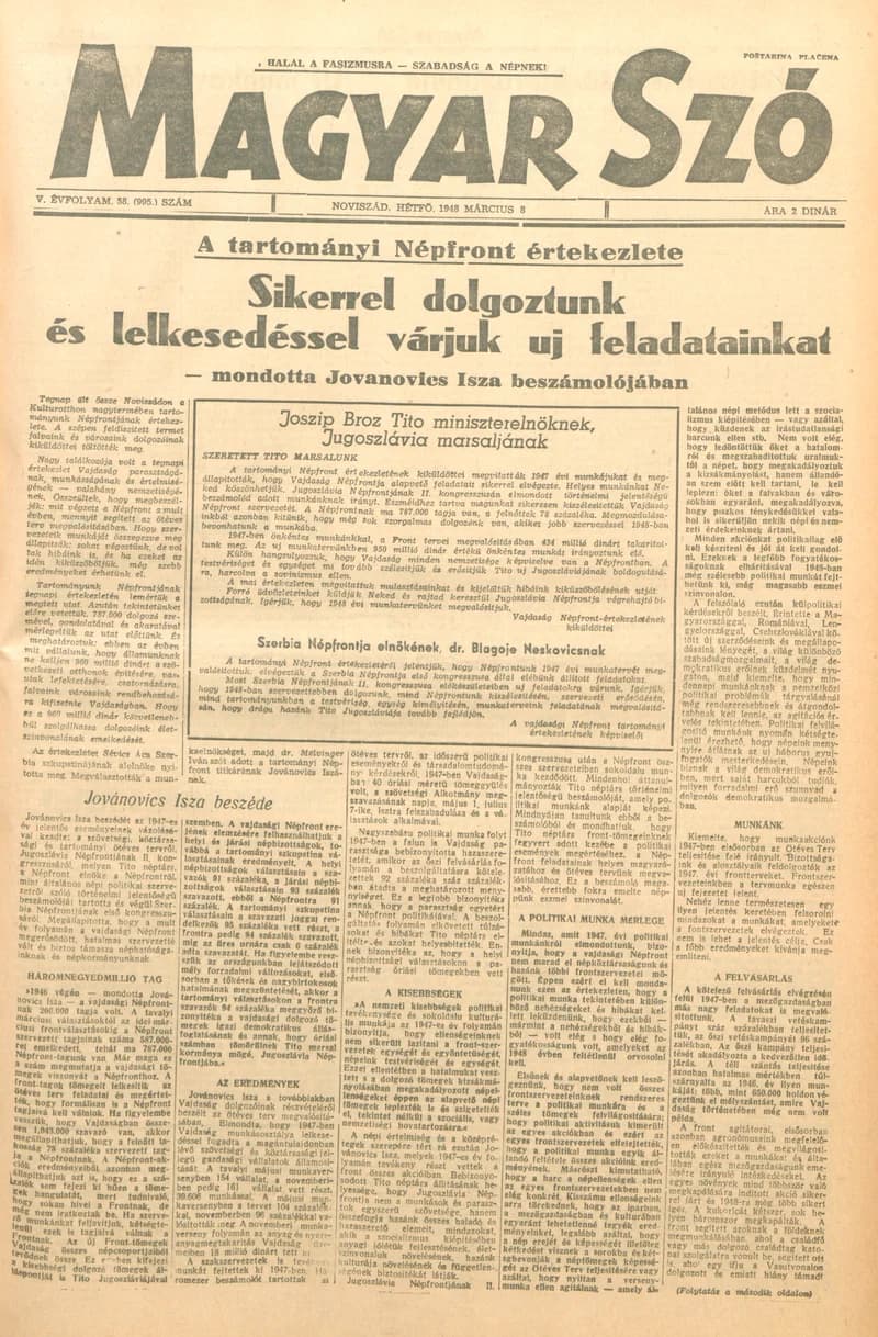 Magyar Szó, 5. évf. 1948. március 8. 58. sz. 1–6. oldal