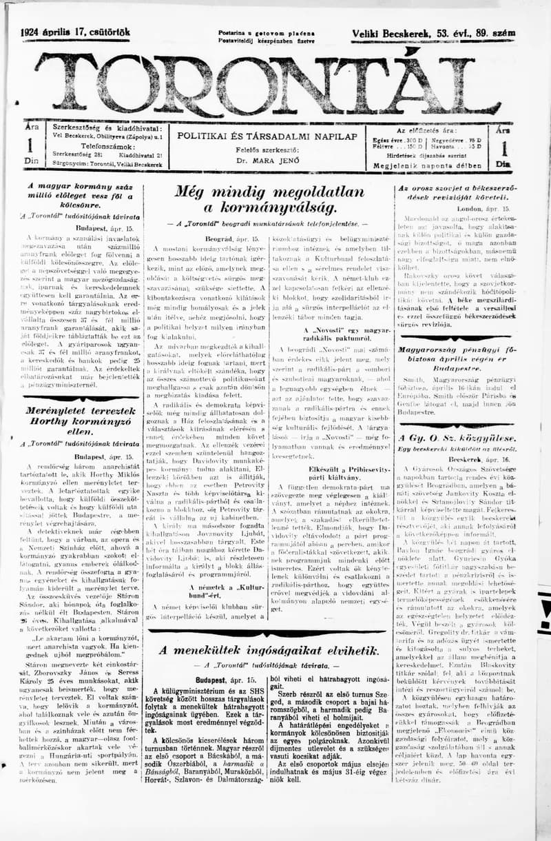 Torontál, 53. évf. 1924. április 17. 89. sz.