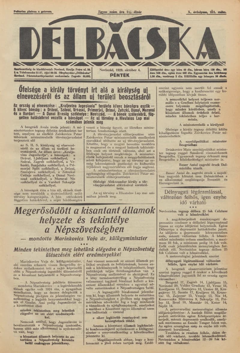 Délbácska, 10. évf. 1929. október 4. 231. sz.