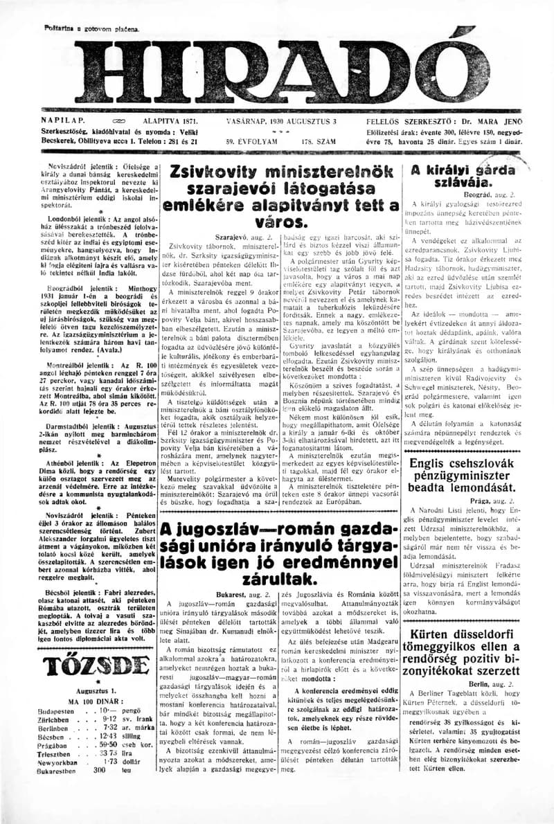 Híradó, 59. évf. 1930. augusztus 3. 178. sz.