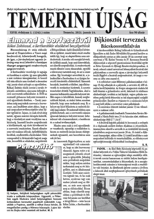 Temerini Újság, 27. évf. 2021. január 14. 1. sz.