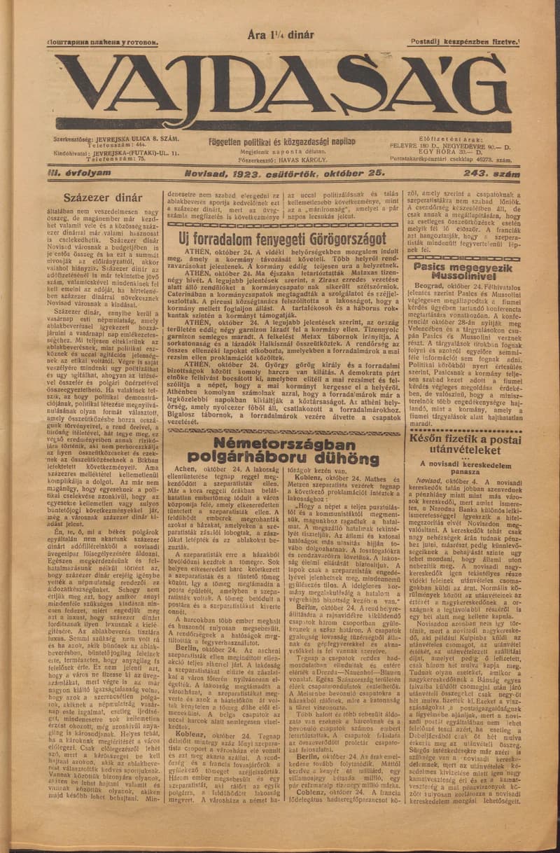 Vajdaság, 3. évf. 1923. október 25. 243. sz.