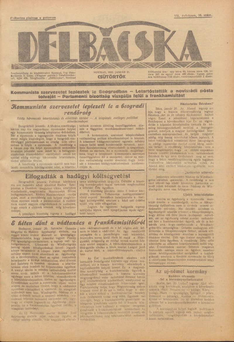 Délbácska, 7. évf. 1926. január 21. 16. sz.
