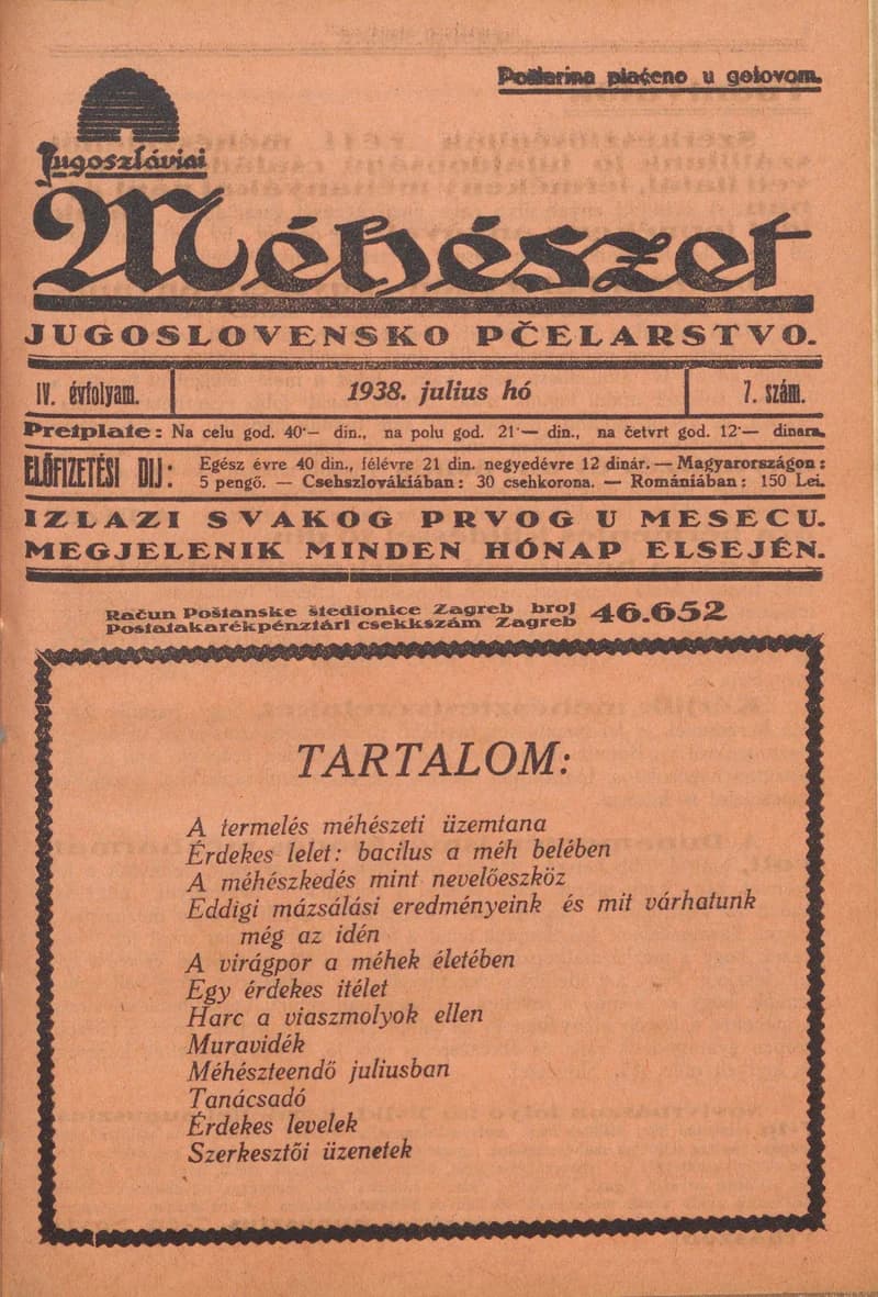 Jugoszláviai méhészet, 4. évf. 1938. július 1. 7. sz.