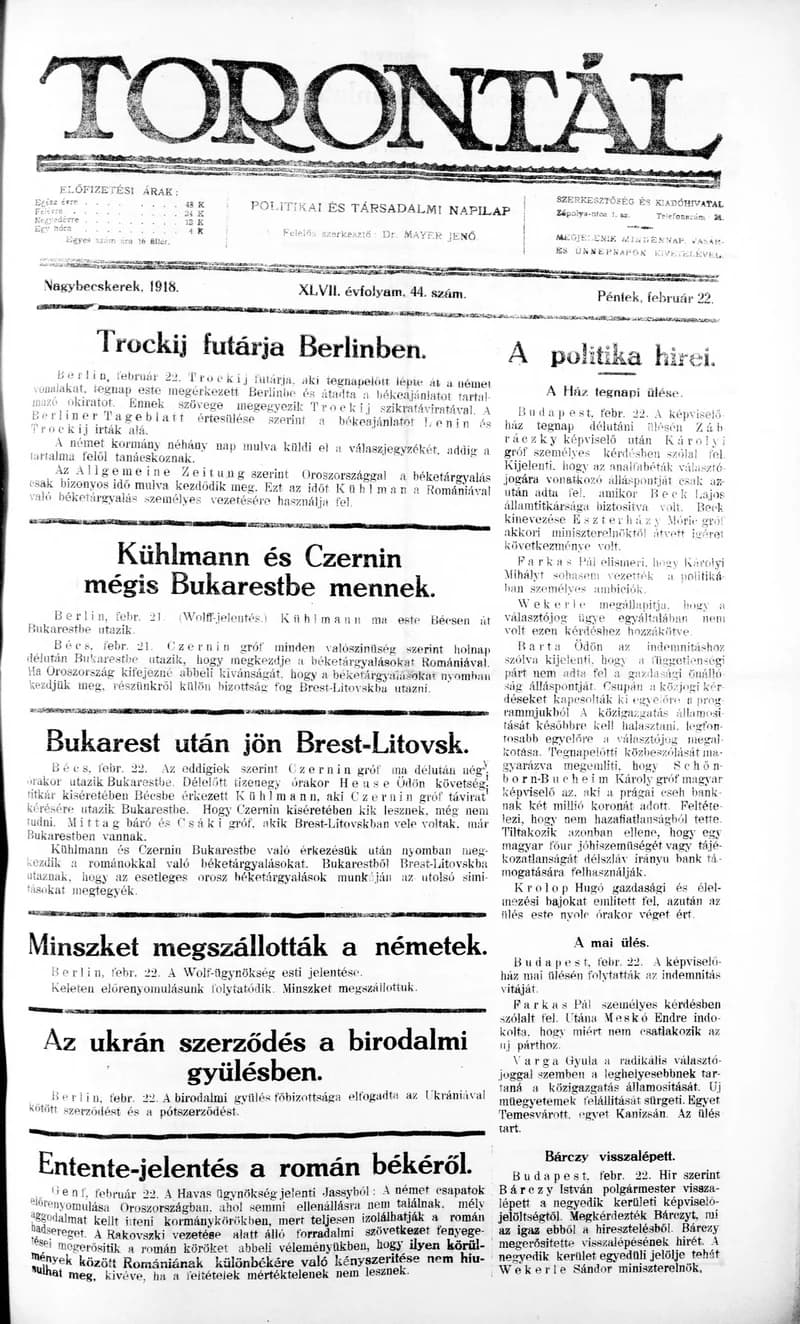 Torontál, 47. évf. 1918. február 22. 44. sz.