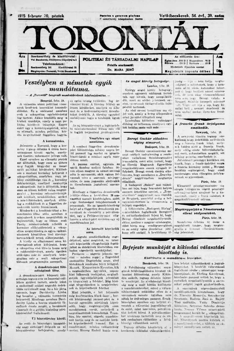 Torontál, 54. évf. 1925. február 20. 39. sz.