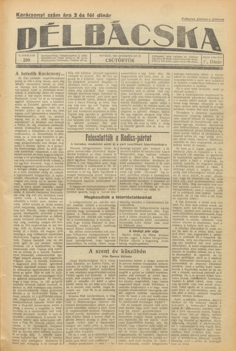 Délbácska, 5. évf. 1924. december 25. 298. sz.