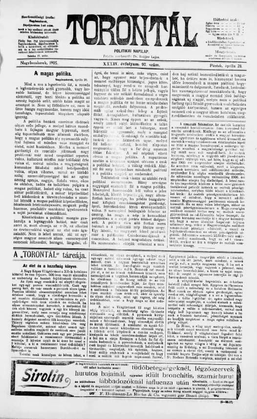 Torontál, 34. évf. 1905. április 28. 97. sz.