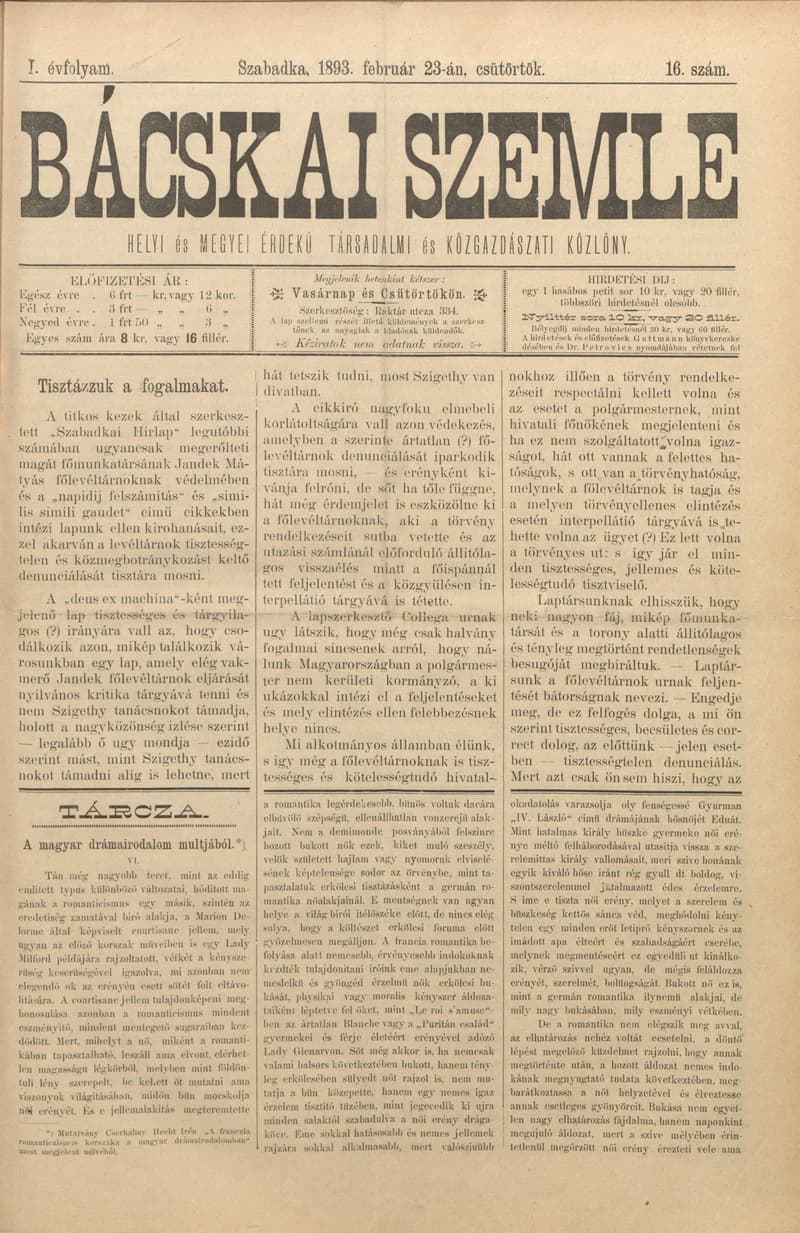 Bácskai Szemle, 1. évf. 1893. február 23. 16. sz.