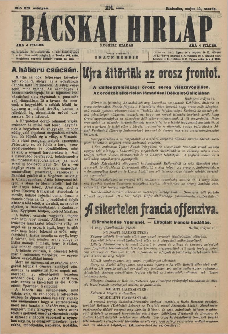 Bácskai Hirlap, 19. évf. 1915. május 12. 214. sz.