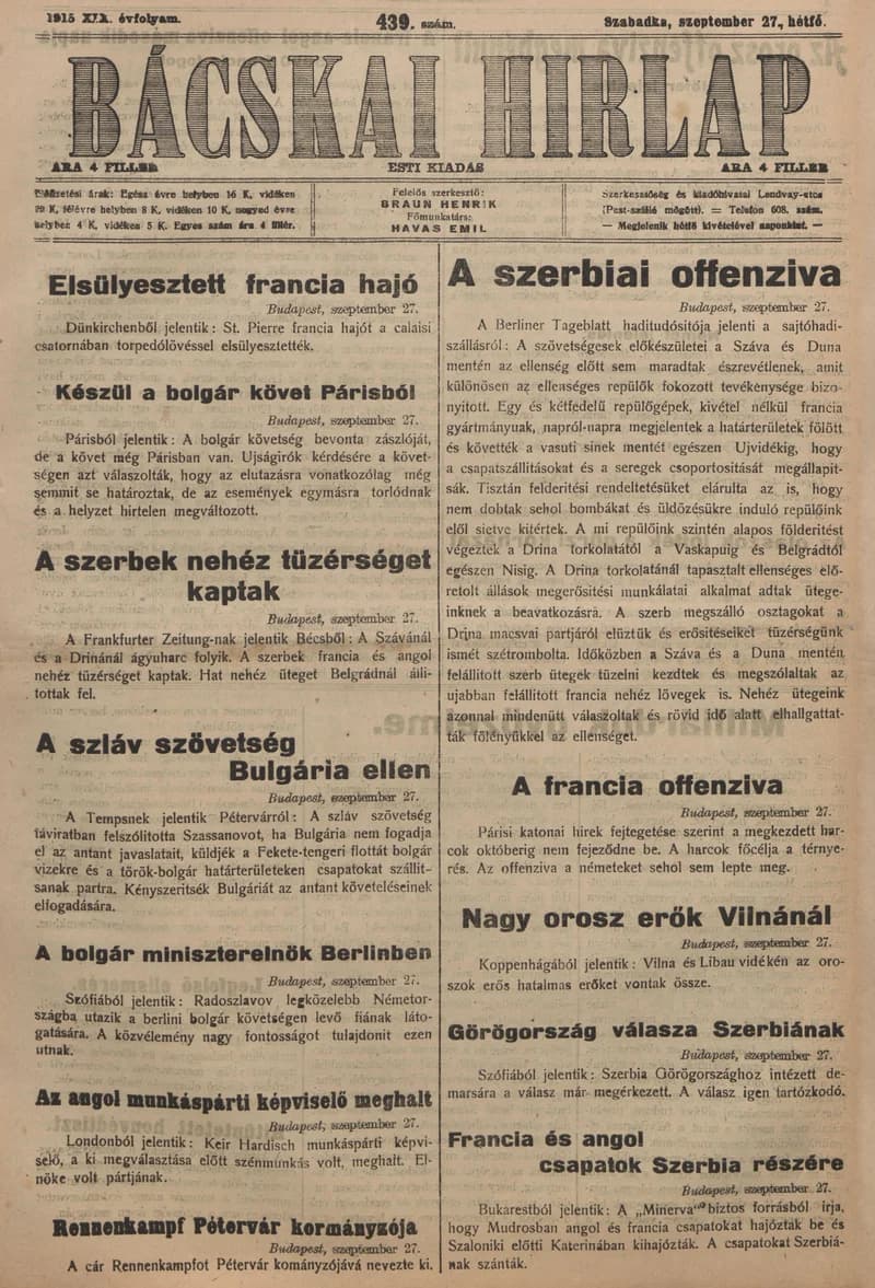 Bácskai Hirlap, 19. évf. 1915. szeptember 27. 439. sz.