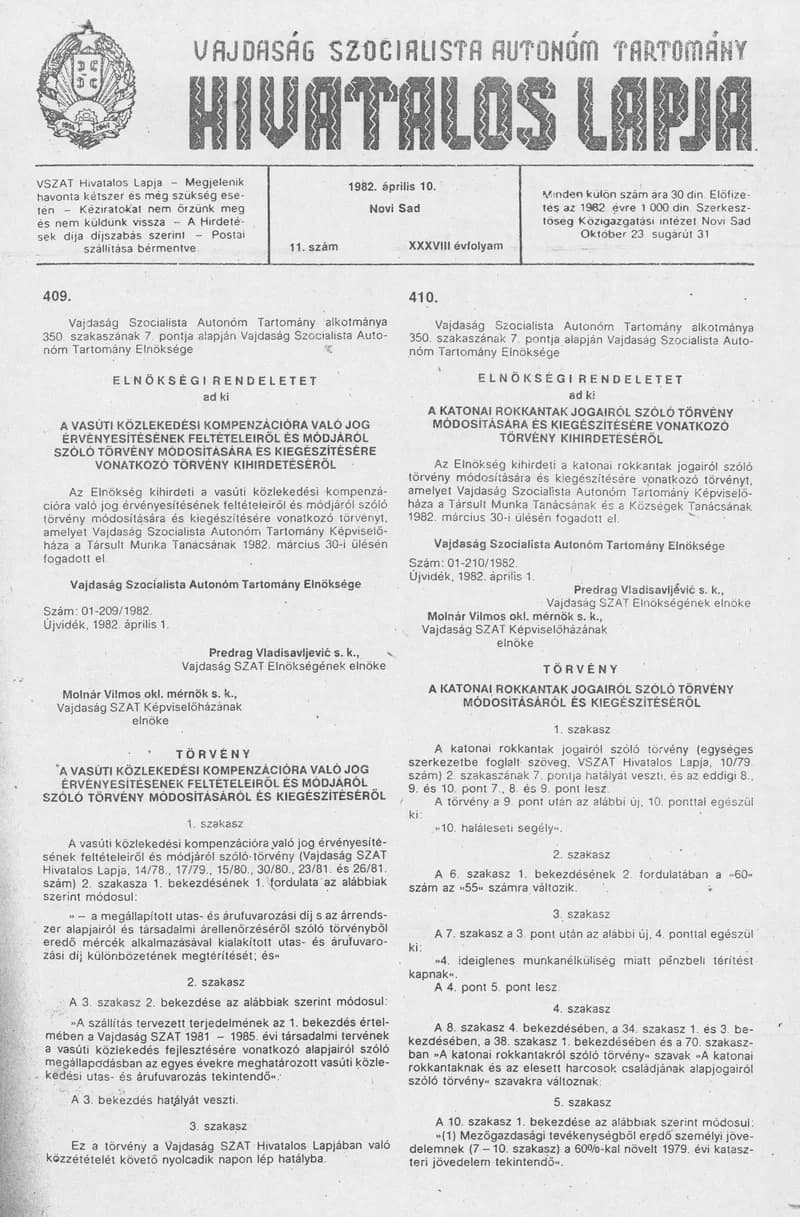 Vajdaság Szocialista Autonóm Tartomány Hivatalos Lapja, 38. évf. 1982. április 10. 11. sz.