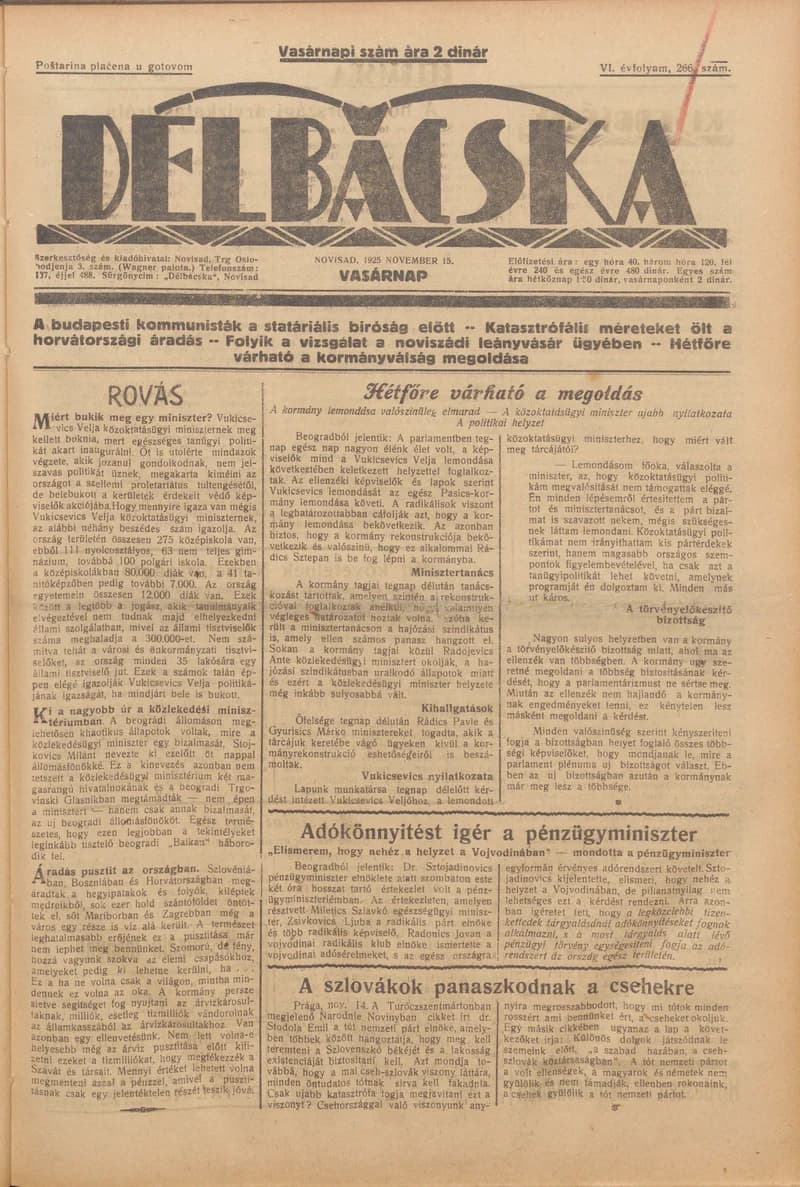Délbácska, 6. évf. 1925. november 15. 266. sz.