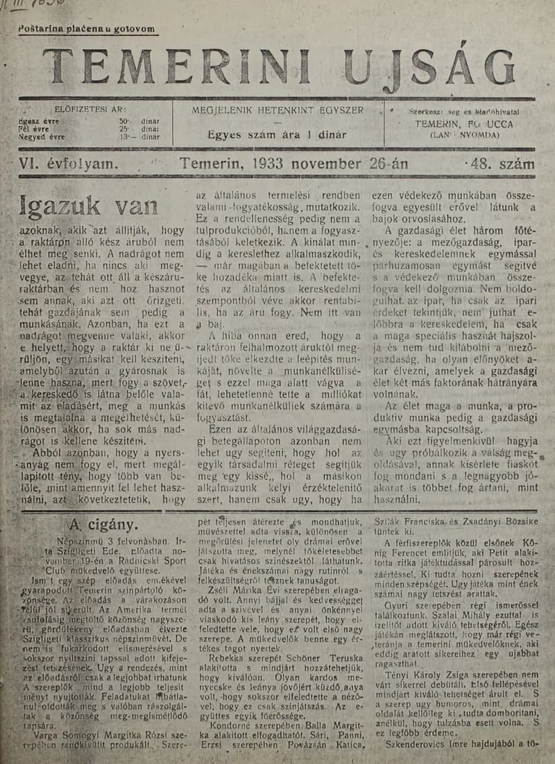 Temerini Újság 1928-1944, 6. évf. 1933. november 26. 48. sz.