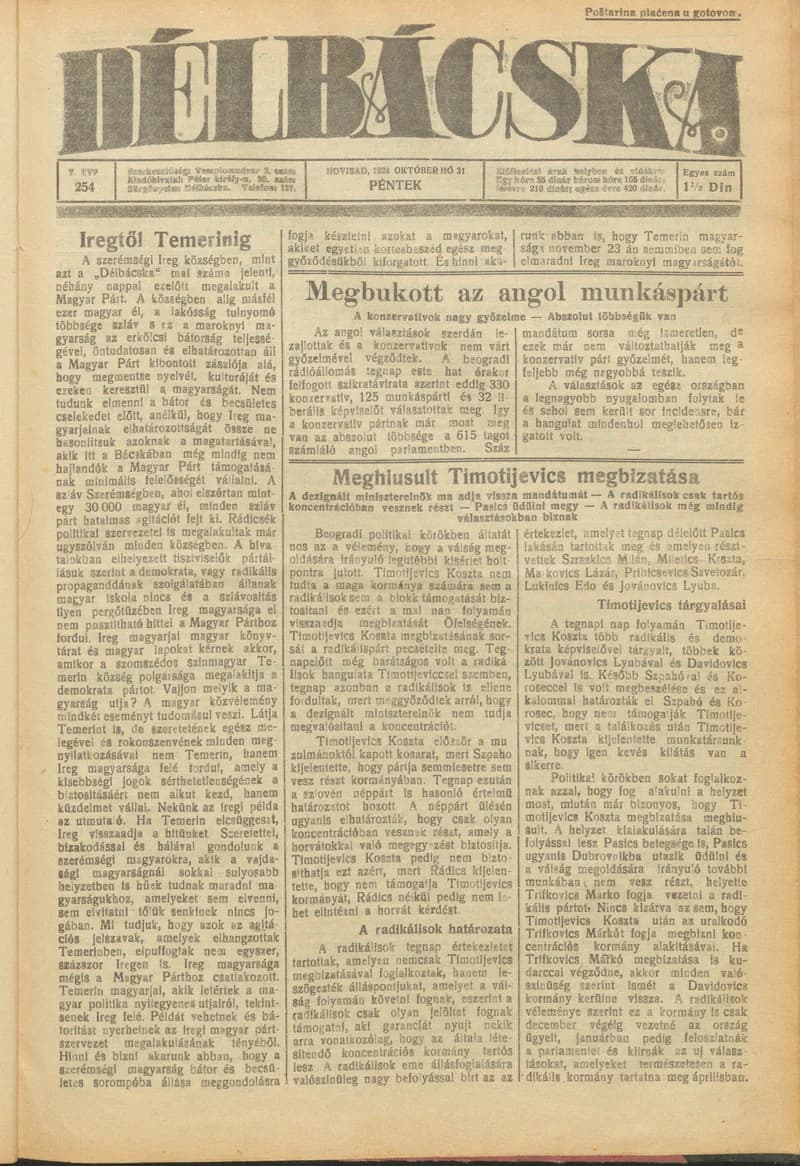 Délbácska, 5. évf. 1924. október 31. 254. sz.