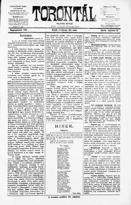 Torontál, 29. évf. 1900. augusztus 22. 191. sz.