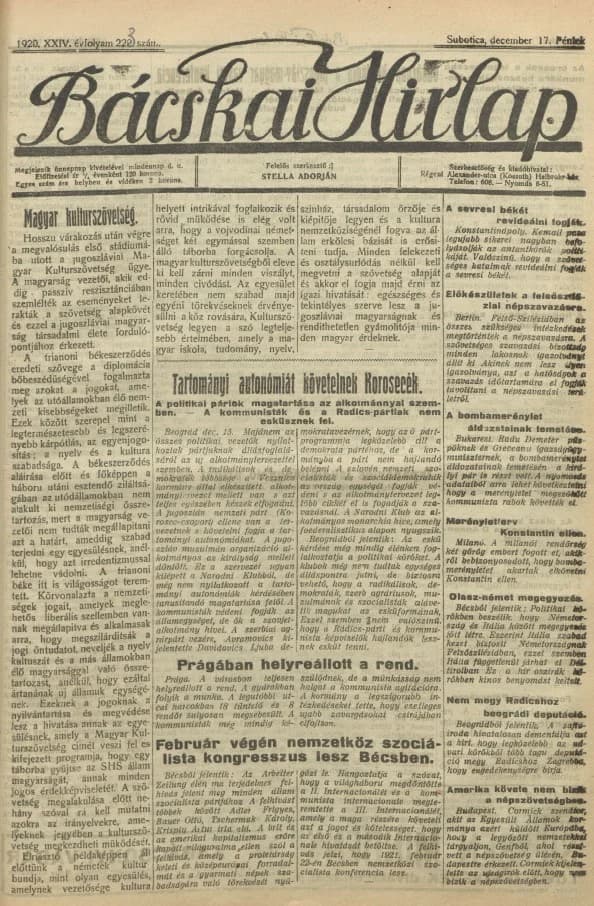 Bácskai Hirlap, 24. évf. 1920. december 17. 223. sz.